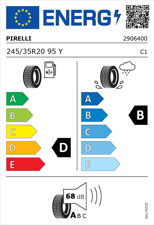 Tyre Label for Pirelli P Zero 245/35R20 95Y