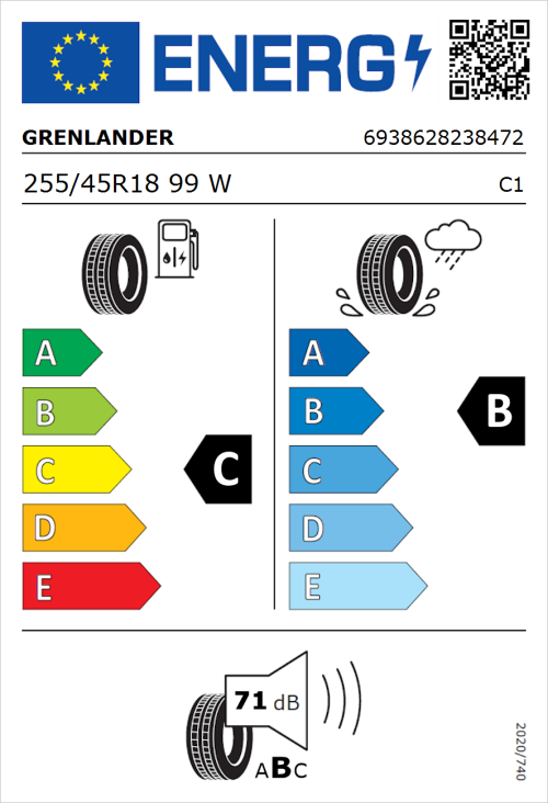 Tyre Label for Grenlander L-Zeal 56 255/45R18 99W