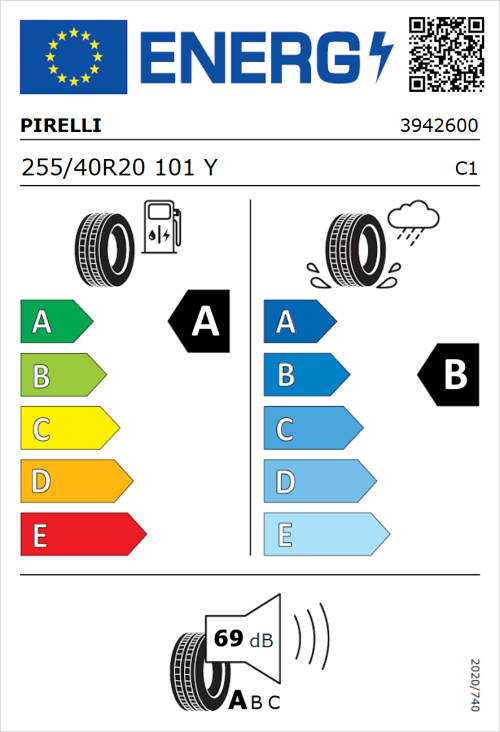 Tyre Label for Pirelli P Zero 255/40R20 101Y