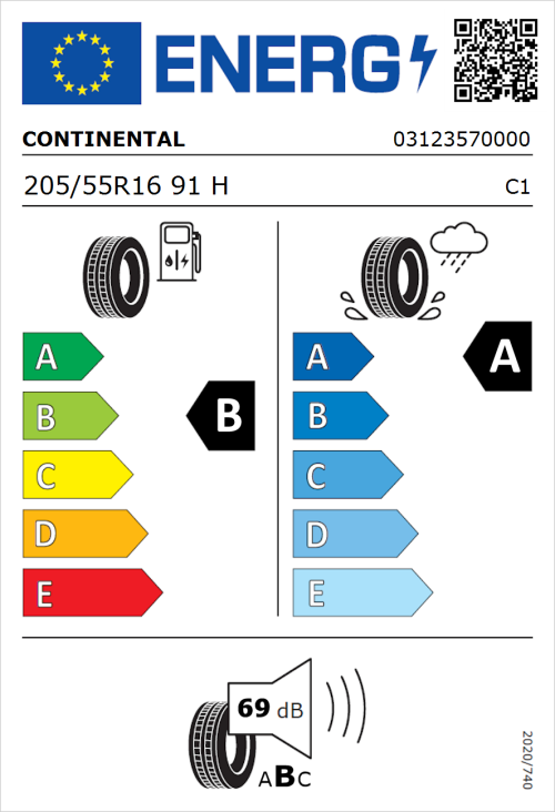 Tyre Label for Continental UltraContact 205/55R16 91H