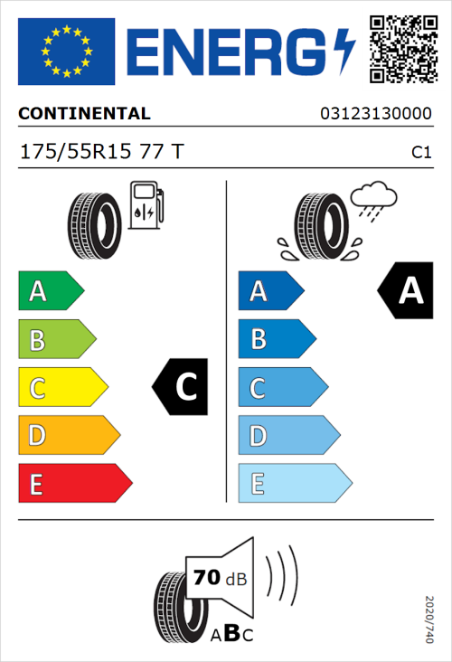 Tyre Label for Continental UltraContact 175/55R15 77T