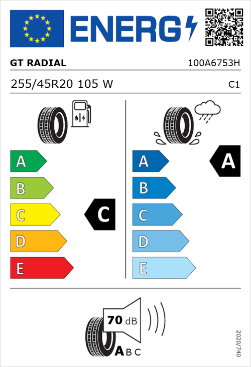 Tyre Label for GT Radial SportActive 2 Evo 255/45R20 105W