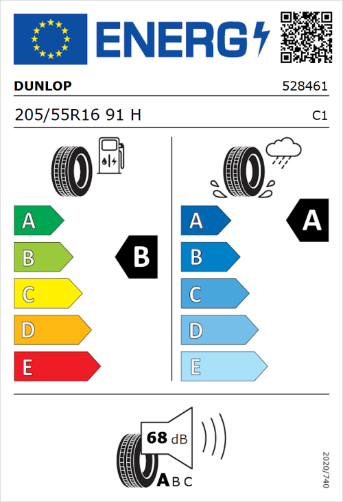 Tyre Label for Dunlop Sport BluResponse 205/55R16 91H