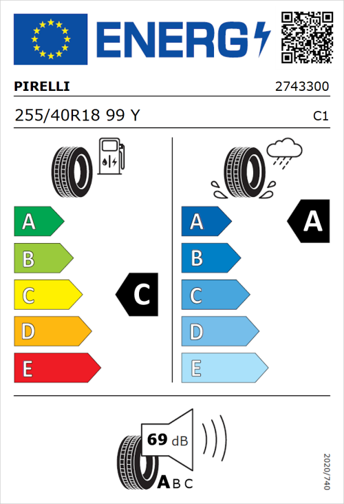 Tyre Label for Pirelli P Zero 255/40R18 99Y