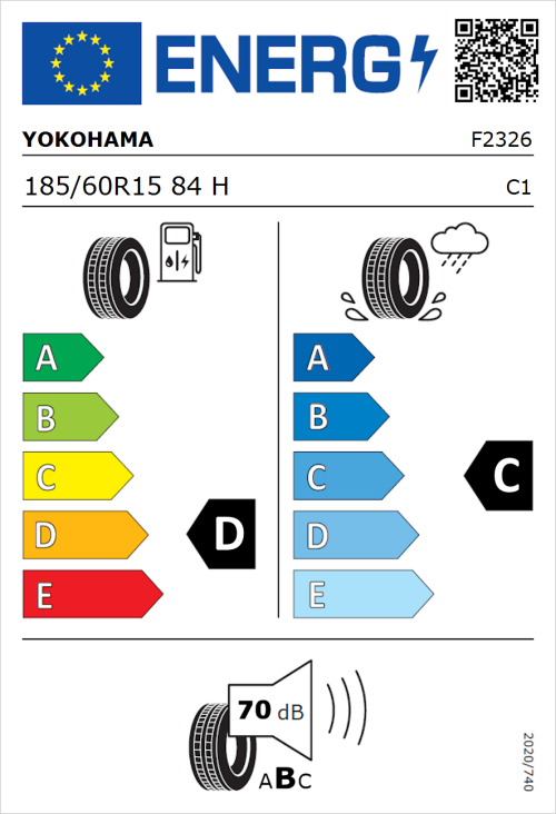 Tyre Label for Yokohama decibel E70D 185/60R15 84H
